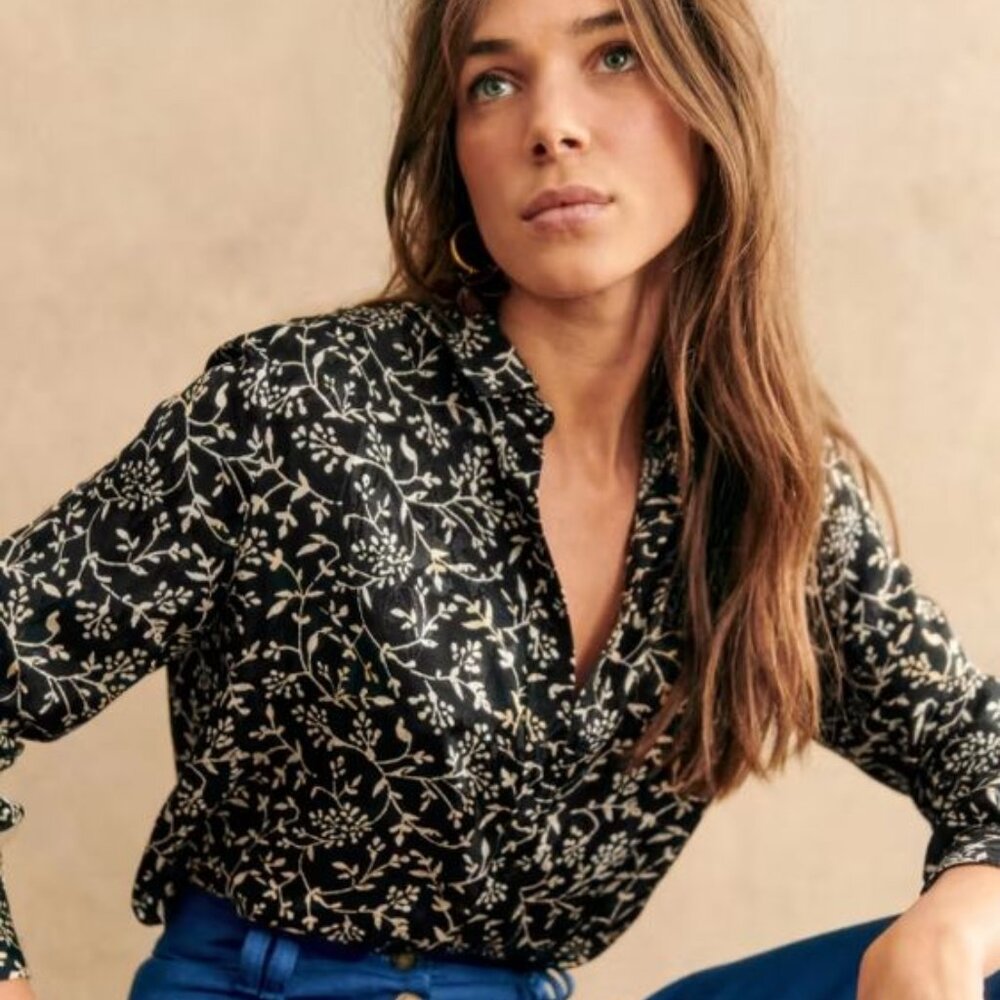 NWT Sezane Ann Shirt Two-Tone Black Floral Print Size EU 44!